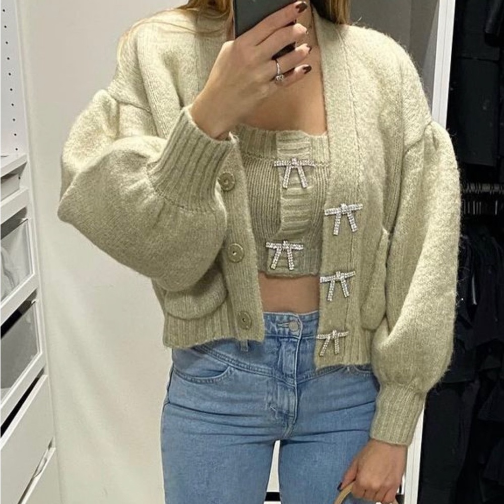 Zara Cream Sweater with Bow Accents